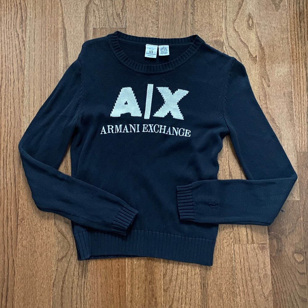 Vintage Armani Exchange navy blue knit preppy sweater white logo
